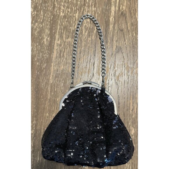 Black Sequin Silver Chain Clasp Tote Wristlet Bag 90s Y2k Whimsygoth Old Money - Picture 1 of 8